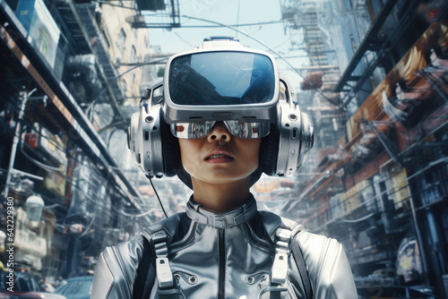 Woman dressed in futuristic gear with high-tech glasses, representing essence of technology and innovation. Sci-fi concept sparks thoughts of futuristic world with advanced technological possibilities
