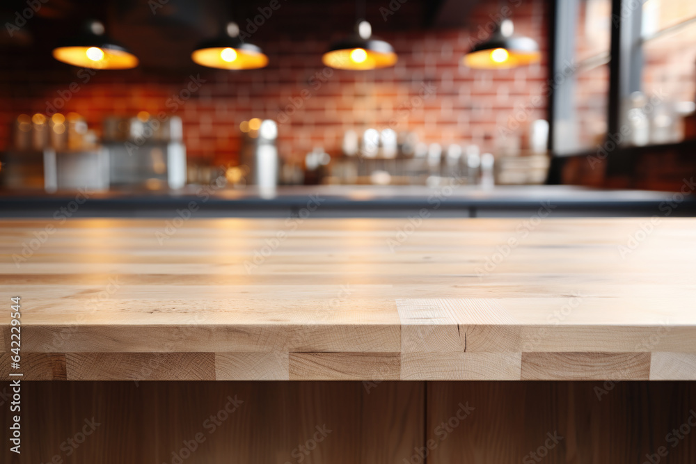 Kitchen space with kitchen utensils in blur and wooden table in foreground. Essence of warm and functional kitchen, making it an choice for kitchen and culinary designs, interior decor concepts.