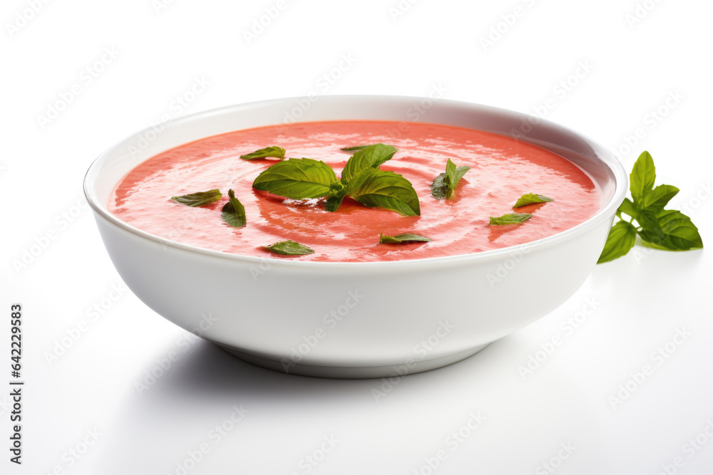 Appetizing bowl of vibrant red tomato soup with delightful assortment of fresh herbs beautifully arranged around it. Concept of food and culinary-related designs, fresh and healthy food promotions. Appetizing bowl of vibrant red tomato soup with delightful assortment of fresh herbs beautifully arranged around it. Concept of food and culinary-related designs, fresh and healthy food promotions.