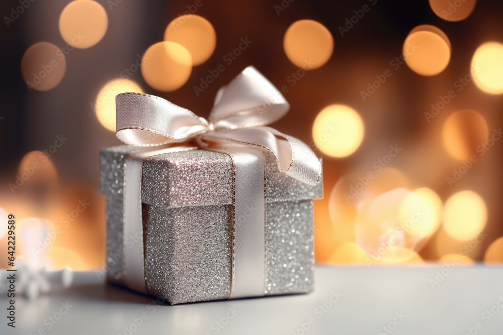 Beautifully wrapped gift box adorned with bow, set against the backdrop of twinkling Christmas lights, evoking the festive spirit of the New Year holiday. Beautifully wrapped gift box adorned with bow, set against the backdrop of twinkling Christmas lights, evoking the festive spirit of the New Year holiday.