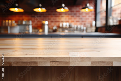 Kitchen space with kitchen utensils in blur and wooden table in foreground. Essence of warm and functional kitchen  making it an choice for kitchen and culinary designs  interior decor concepts.