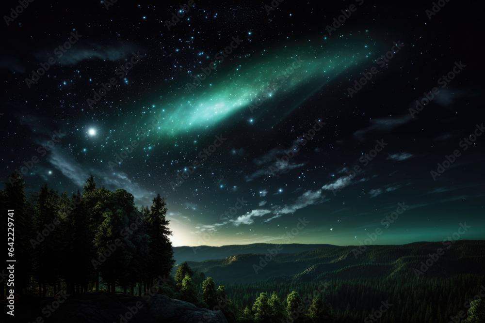 Fototapeta premium Captivating view of a green nebula shining near a towering rock in the bustling night sky. Perfect for astronomy enthusiasts and celestial wonders.