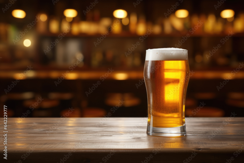 Refreshing glass of beer sitting on a wooden table, creating an inviting atmosphere in a cozy bar setting. This image captures the essence of relaxation and enjoyment.