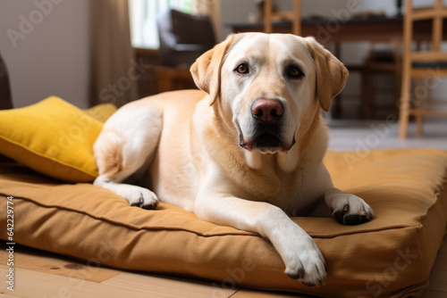 Labrador retriever is captured in a moment of relaxation, sitting comfortably on a yellow pillow placed on a wooden sofa. The scene exudes coziness and warmth.