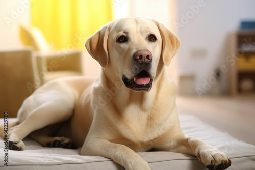 Labrador retriever is captured in a moment of relaxation, sitting comfortably on a brown pillow placed on a wooden sofa. The scene exudes coziness and warmth.