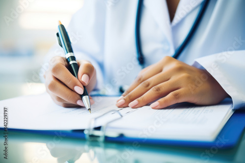 A caring nurse focused on her duties, meticulously jotting down notes in a notebook, showcasing dedication to patient care.