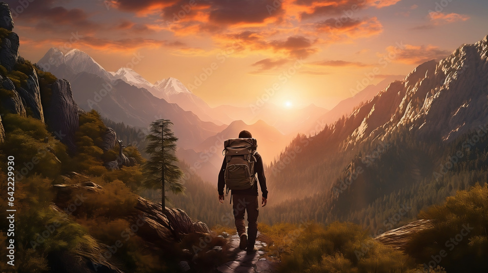 A hiker in the mountains with a backpack on a road, camping, sunset