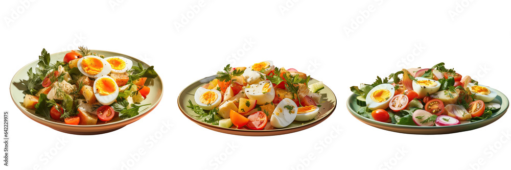 Salad with cooked egg and veggies served on a dish transparent background