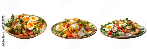 Salad with cooked egg and veggies served on a dish transparent background