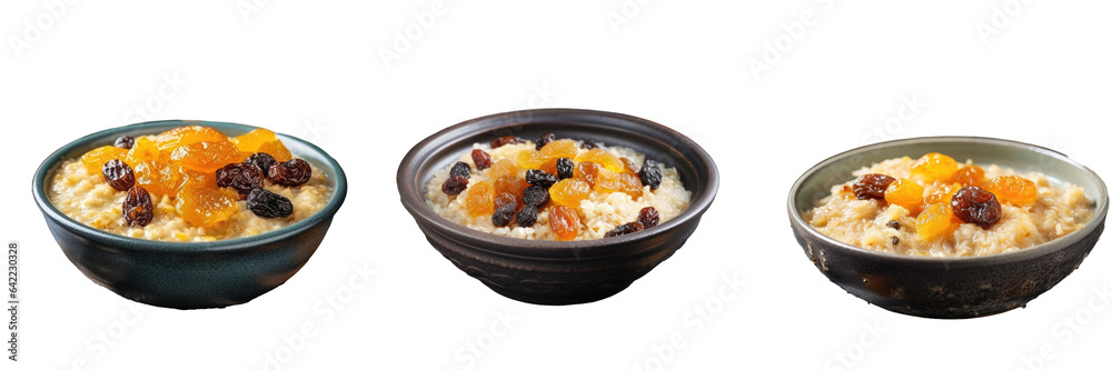 Healthy breakfast bowl of oatmeal porridge with dried apricot raisins and honey on dark transparent background Healthy breakfast bowl of oatmeal porridge with dried apricot raisins and honey on dark transparent background