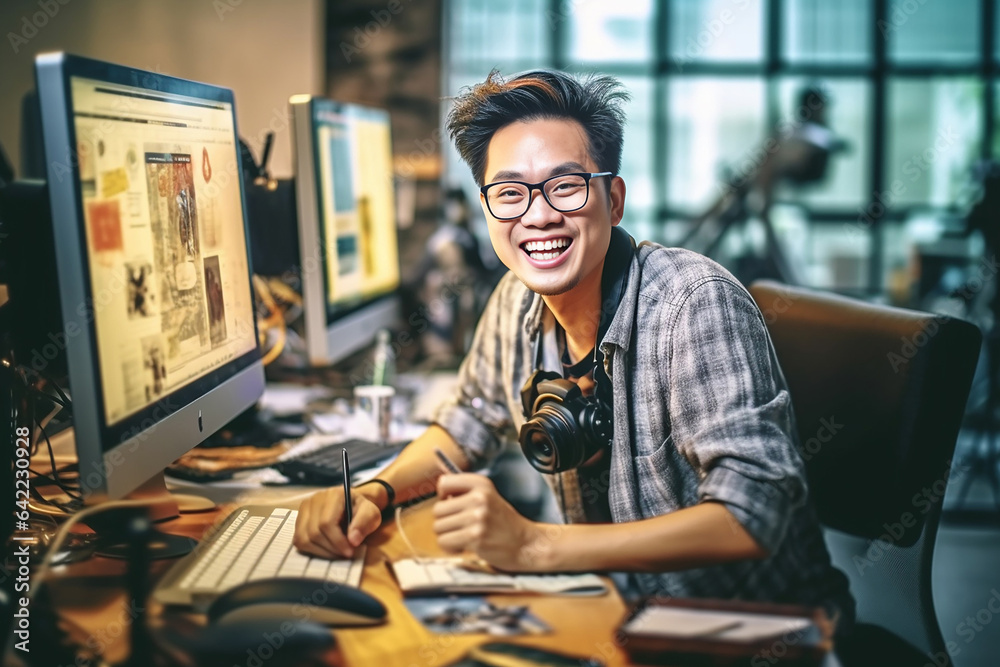 Young businessman standing in an office smiling confidently. Generative AI. Young businessman standing in an office smiling confidently. Generative AI.
