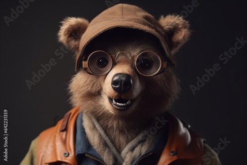 Photo portrait of happy bear wearing glasses and touristic clothes 
