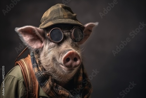 Photo portrait of happy boar wearing glasses and touristic clothes 