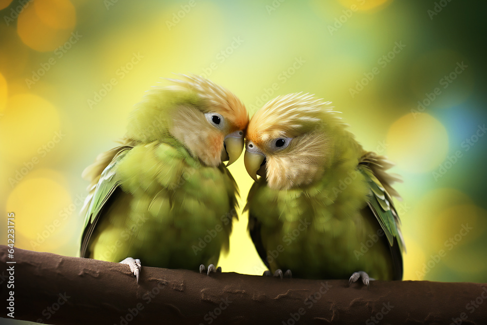 Two yellow green macaw parrots sit on a branch. Generative AI