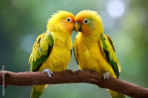 Two large yellow green macaw parrots sit on a branch. Generative AI