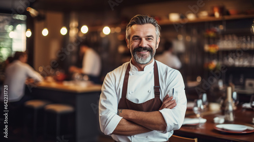 Middle-aged chef cook on blurred background of restaurant. Copy space