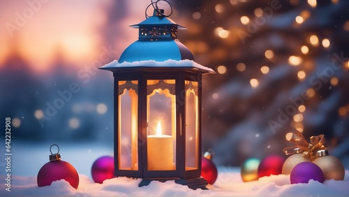 A lantern sitting on top of a snow covered ground. Snowy winter day. Holiday concept