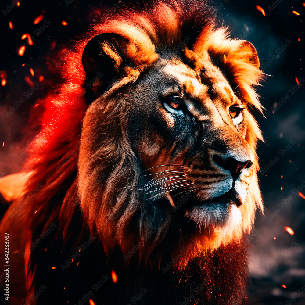 Naklejka premium Portrait of a lion with fire in the background.