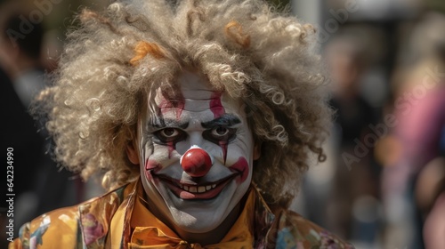 Portrait of a clown in a carnival mask. Close-up.Portrait of happy clown with smiling face and red nose standing in vintage circus.