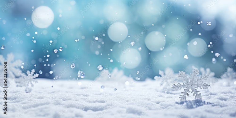 Winter blue gray background of white snow. Beautiful winter background of snow and blurred effect. Gently falling snow flakes against blue. Empty free space