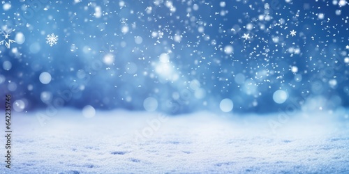 Fototapeta Naklejka Na Ścianę i Meble -  Winter blue gray background of white snow. Beautiful winter background of snow and blurred effect. Gently falling snow flakes against blue. Empty free space