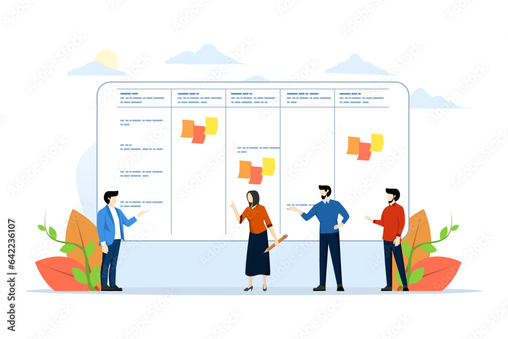 project management concept, organize and plan work project, businessman teamwork meeting for project planning concept. cartoon character design, flat vector illustration on white background.