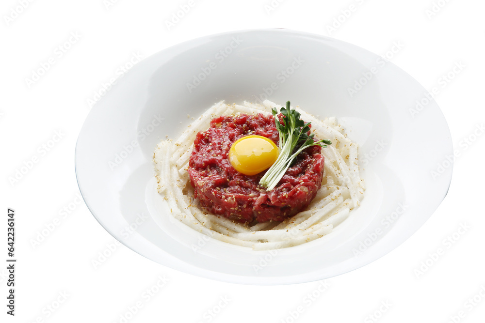 Fototapeta premium Delicious Korean traditional beef tartare with white background