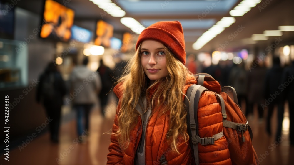 Teenage girl with backpack waiting at the airport to travel