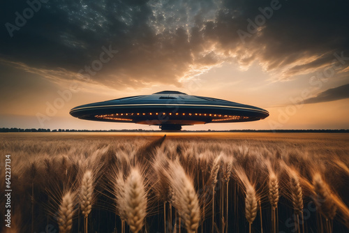 UFO flying over wheat field.