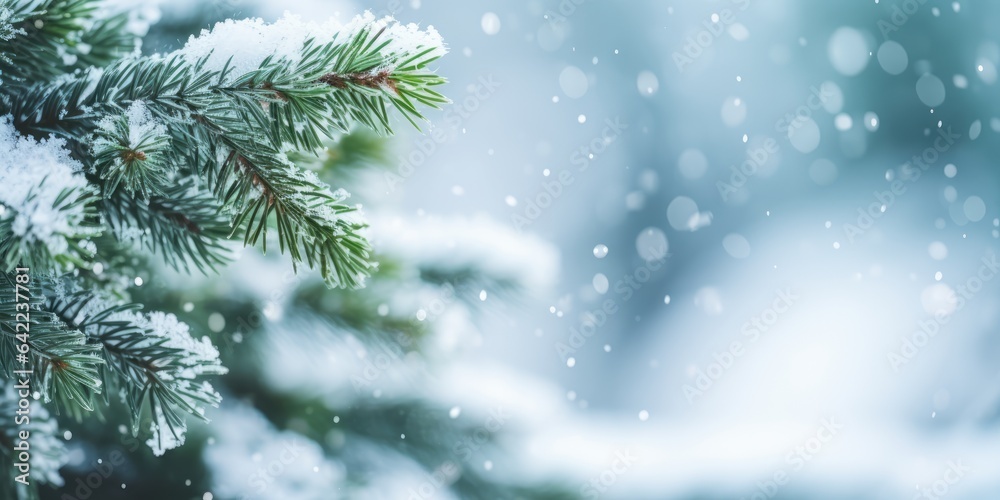 Christmas tree branch with white snow. Christmas fir and pine tree branches covered with snow. background of snow and blurred effect. Gently falling snow flakes against blue