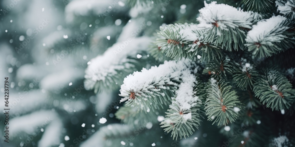 Christmas tree branch with white snow. Christmas fir and pine tree branches covered with snow. background of snow and blurred effect. Gently falling snow flakes against blue Christmas tree branch with white snow. Christmas fir and pine tree branches covered with snow. background of snow and blurred effect. Gently falling snow flakes against blue