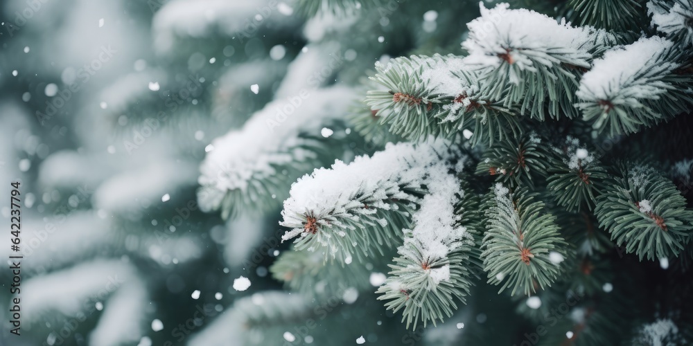 Christmas tree branch with white snow. Christmas fir and pine tree branches covered with snow. background of snow and blurred effect. Gently falling snow flakes against blue