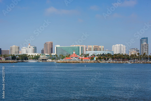 Long Beach, California – August 31, 2023: Wide Panoramic Photo from Harry Bridges Memorial Park toward Long Beach Arena, Convention Center, Hyatt Regency, Shoreline Village, Express Factory Outlet