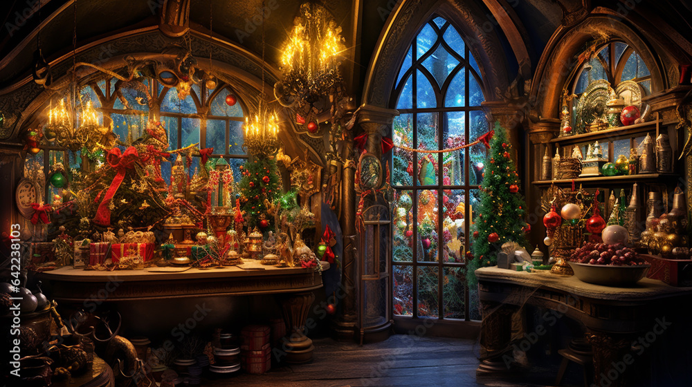 Obraz premium Santa's Workshop in an Enchanting Winter Setting with Fantastical Architecture, Generative AI