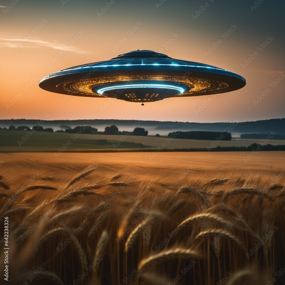 UFO flying over wheat field.