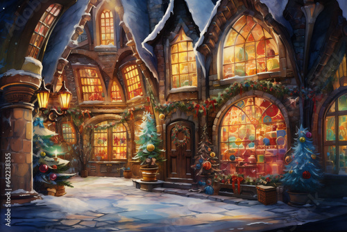 Watercolor Painting, Santa's Workshop in an Enchanting Winter Setting with Fantastical Architecture, Generative AI © HRTNT Media