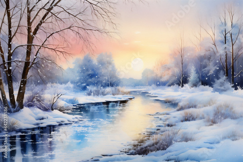 Watercolor Painting, Winter Scene with Magical Lighting and Sparkling Snowflakes, Generative AI © HRTNT Media