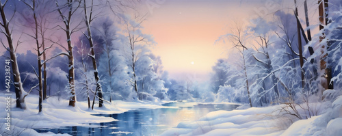 Watercolor Painting, Winter Scene with Magical Lighting and Sparkling Snowflakes, Generative AI