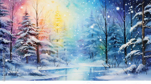 Watercolor Painting, Winter Scene with Magical Lighting and Sparkling Snowflakes, Generative AI