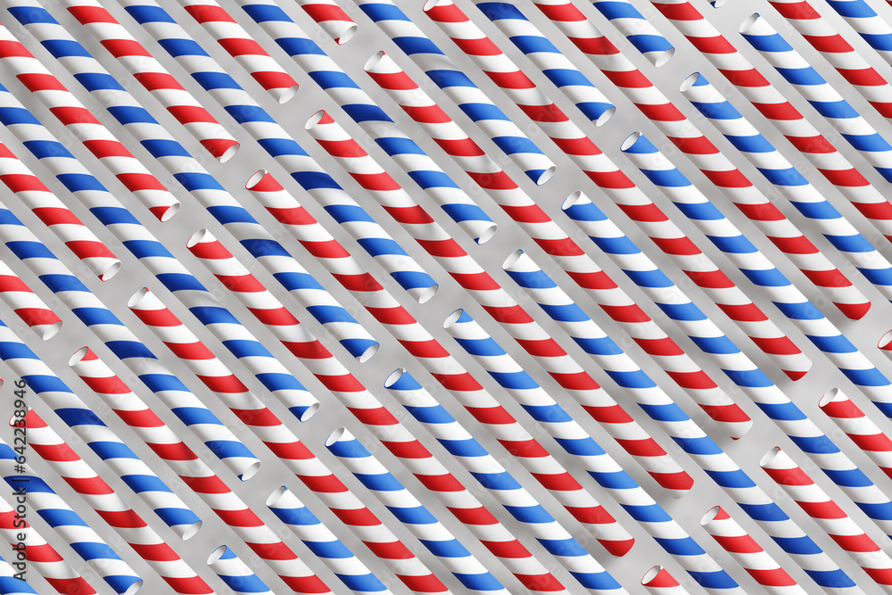 Fototapeta premium Red and blue striped paper straws placed alternatively. Illustration of the problem with paper straws and as design element for website template background and slide show presentation wallpaper