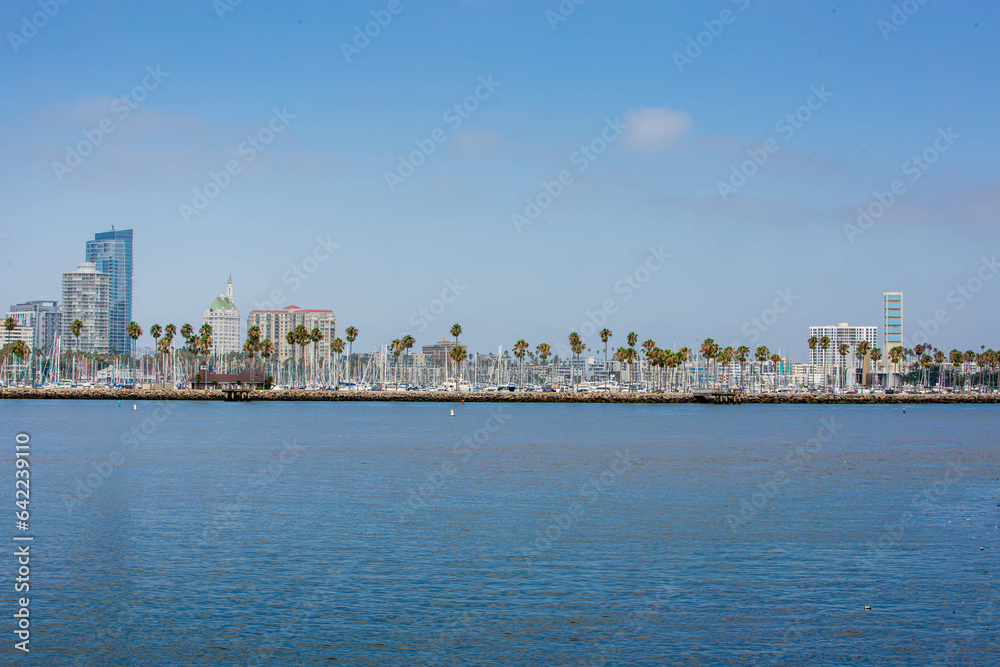 Long Beach, California – August 31, 2023: Wide Panoramic Photo View toward Long Beach Shoreline Marina from Harry Bridges Memorial Park