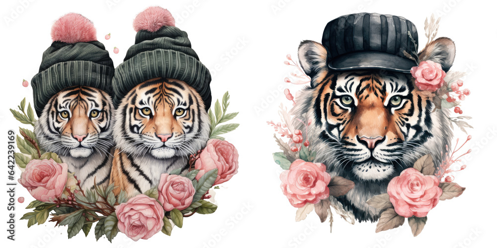 Watercolor painting of tigers wearing hats peony wreath and a cap transparent background