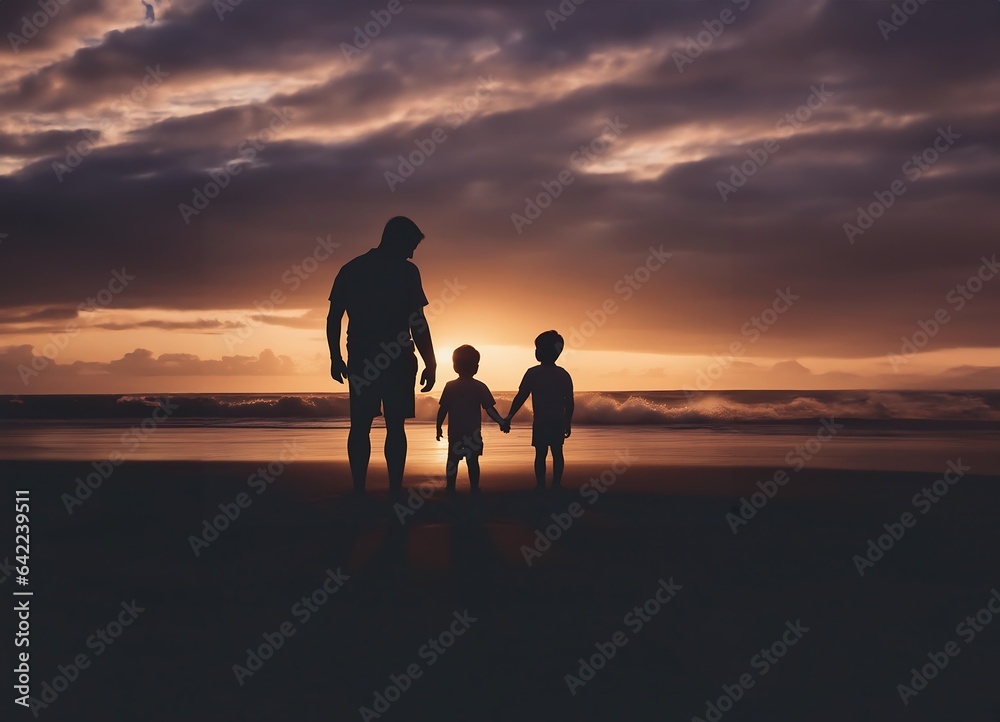 Fototapeta premium silhouettes of people walking on the beach at sunset