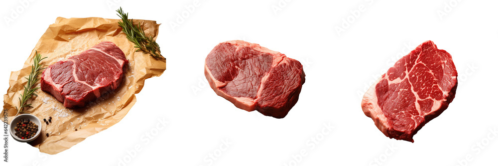 Raw beef ribeye steak on parchment paper against transparent background Raw beef ribeye steak on parchment paper against transparent background