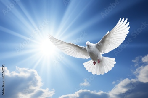 graceful white dove soars majestically through the boundless blue sky, Generative AI