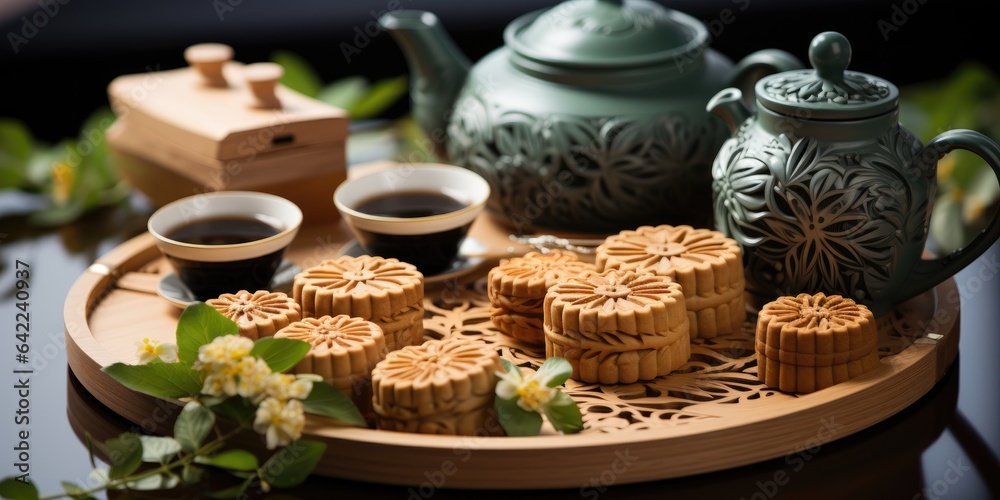 Moon cakes at mid autumn festival. Background food and drink tea and Mooncakes Moon cakes at mid autumn festival. Background food and drink tea and Mooncakes