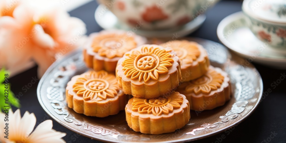 Moon cakes at mid autumn festival. Background food and drink tea and Mooncakes Moon cakes at mid autumn festival. Background food and drink tea and Mooncakes