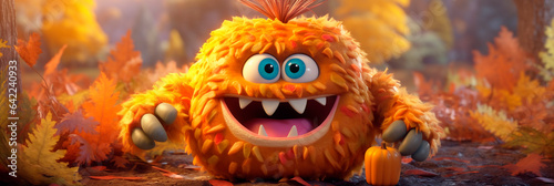 Banner with funny forest monster. Cute orange fluffy monster smiles. Character for children's book, comic book, video game. Header with a children's theme.