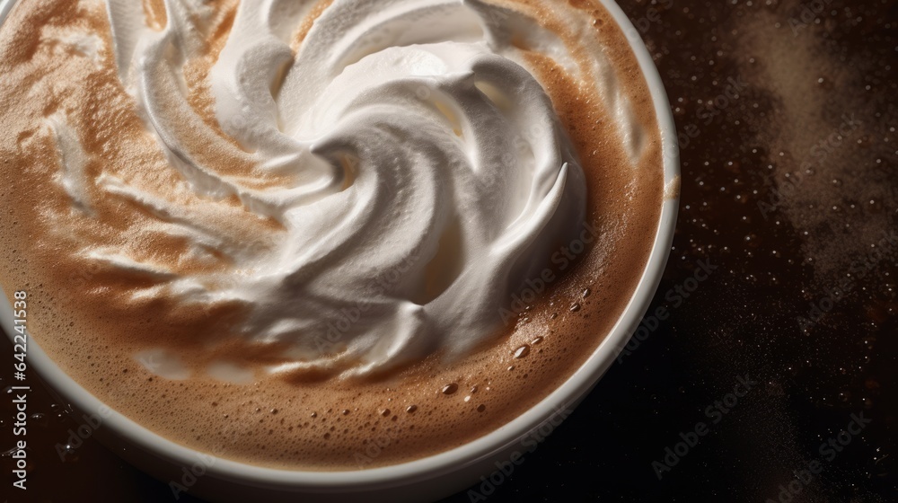 Frothed coffee, close - up shot, copy space, 16:9