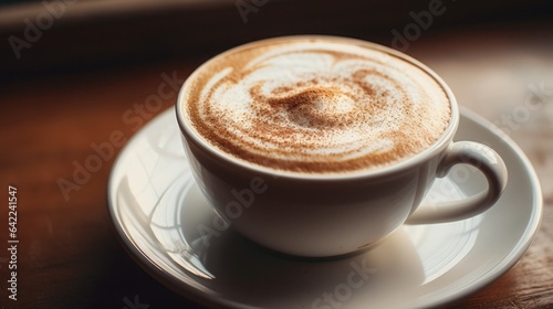 Frothed coffee, close - up shot, copy space, 16:9